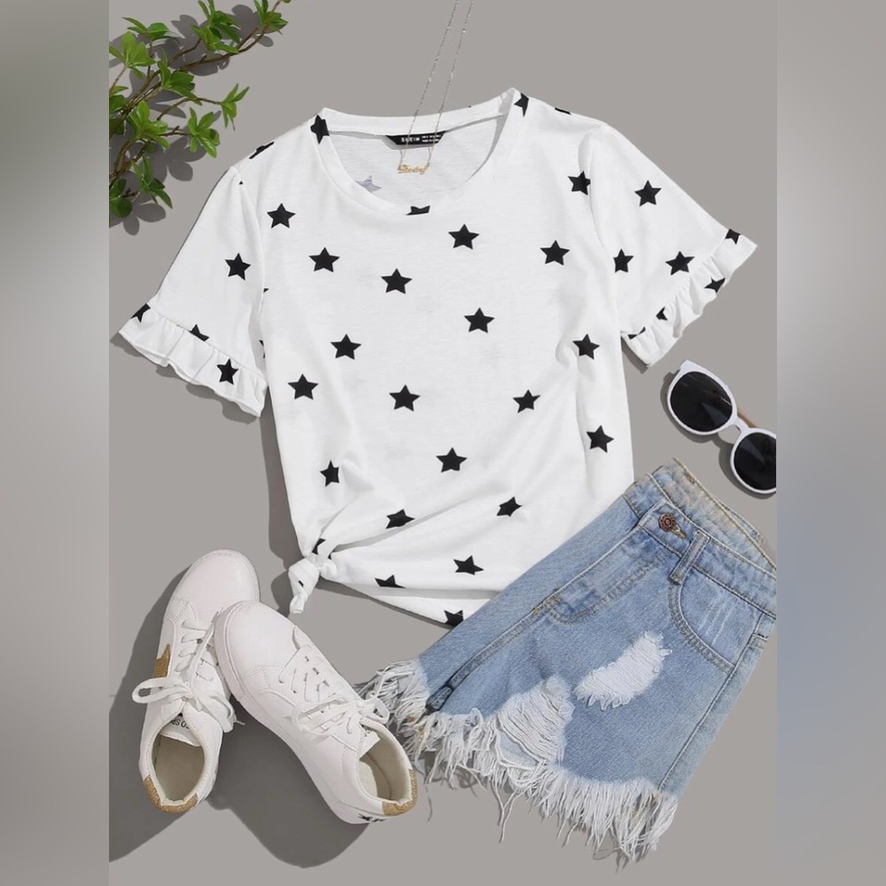 Plus size Star Print Frill Trim Tee